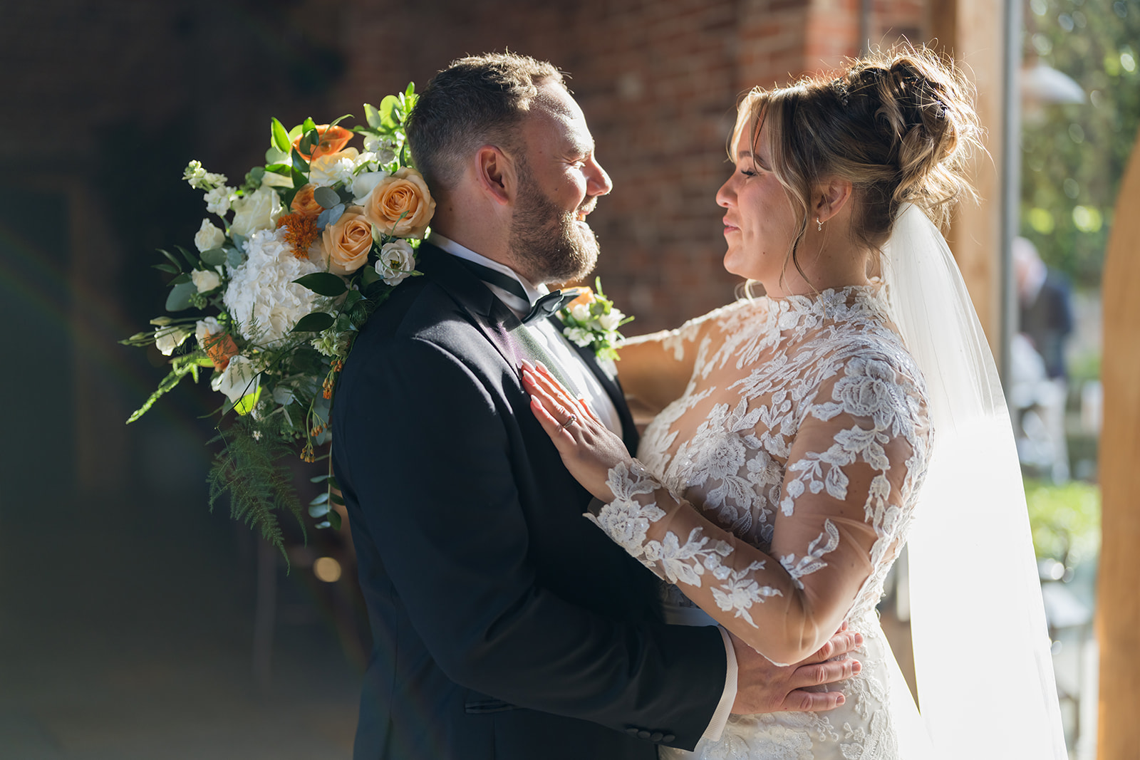 Emma and Sam together in soft light for couple portraits at Hazel Gap Barn