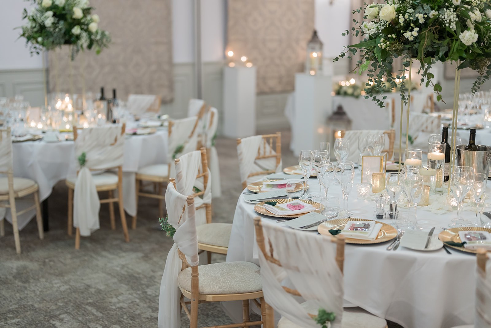 The reception room dressed for Emily and Rhys at Mottram Hall