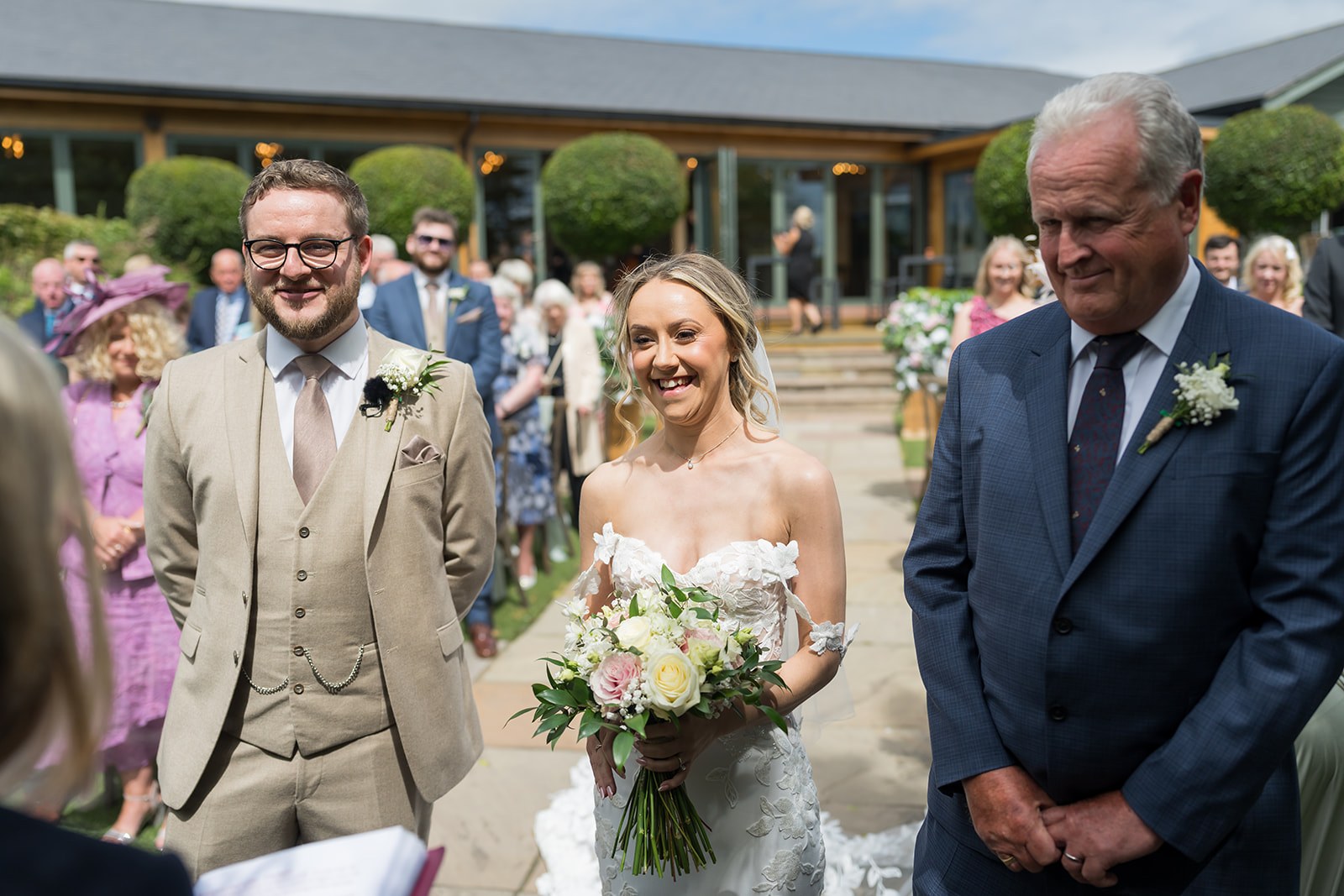 Kayleigh arriving for the outdoor ceremony at Pryors Hayes