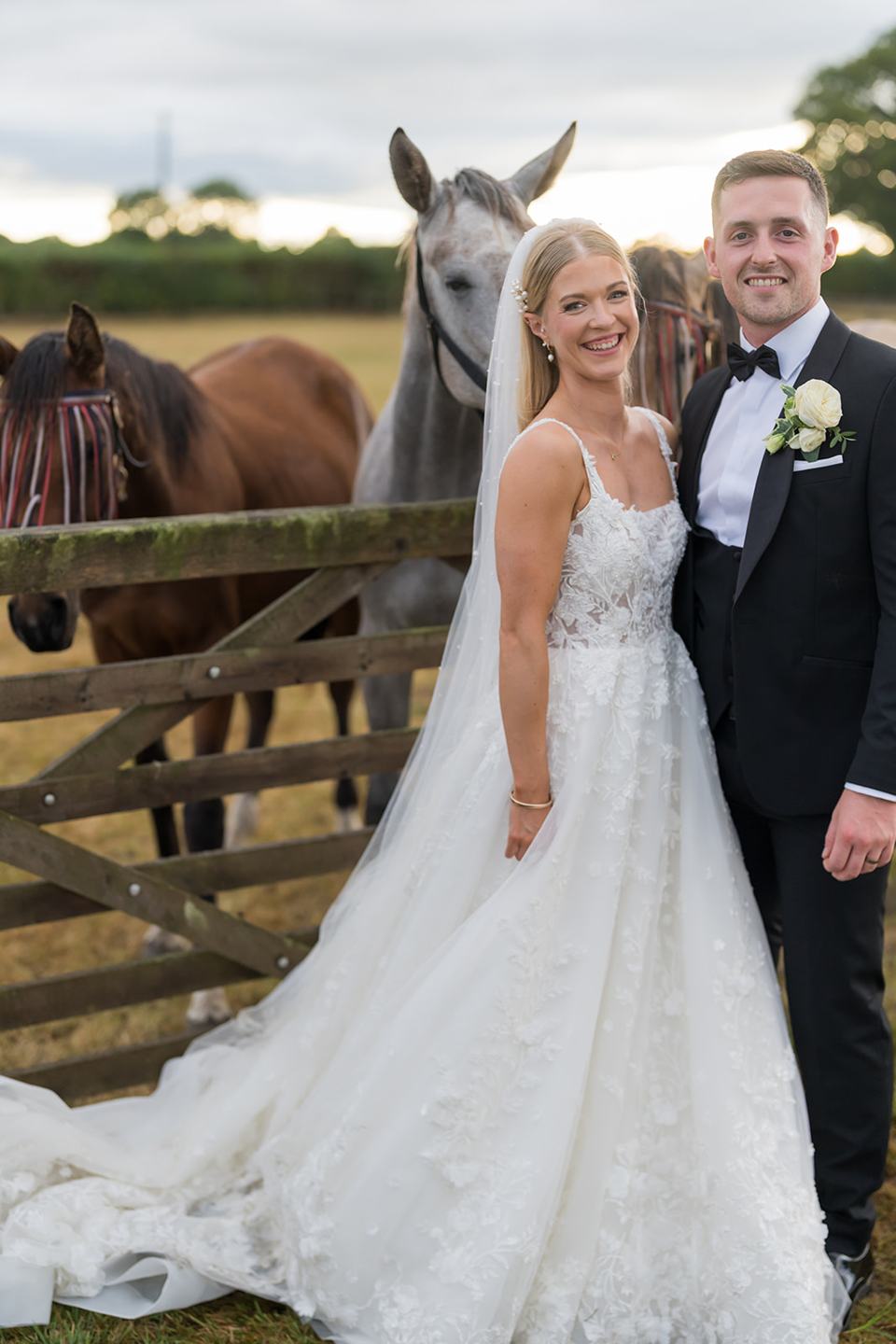 Couple with the horse at Evie and Josh’s Burlton Manor wedding