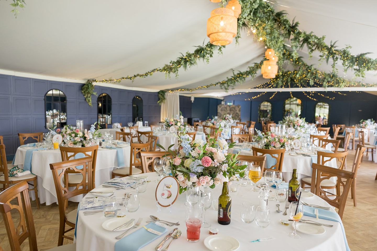 Wedding reception room at Abi and Ben’s Combermere Abbey wedding