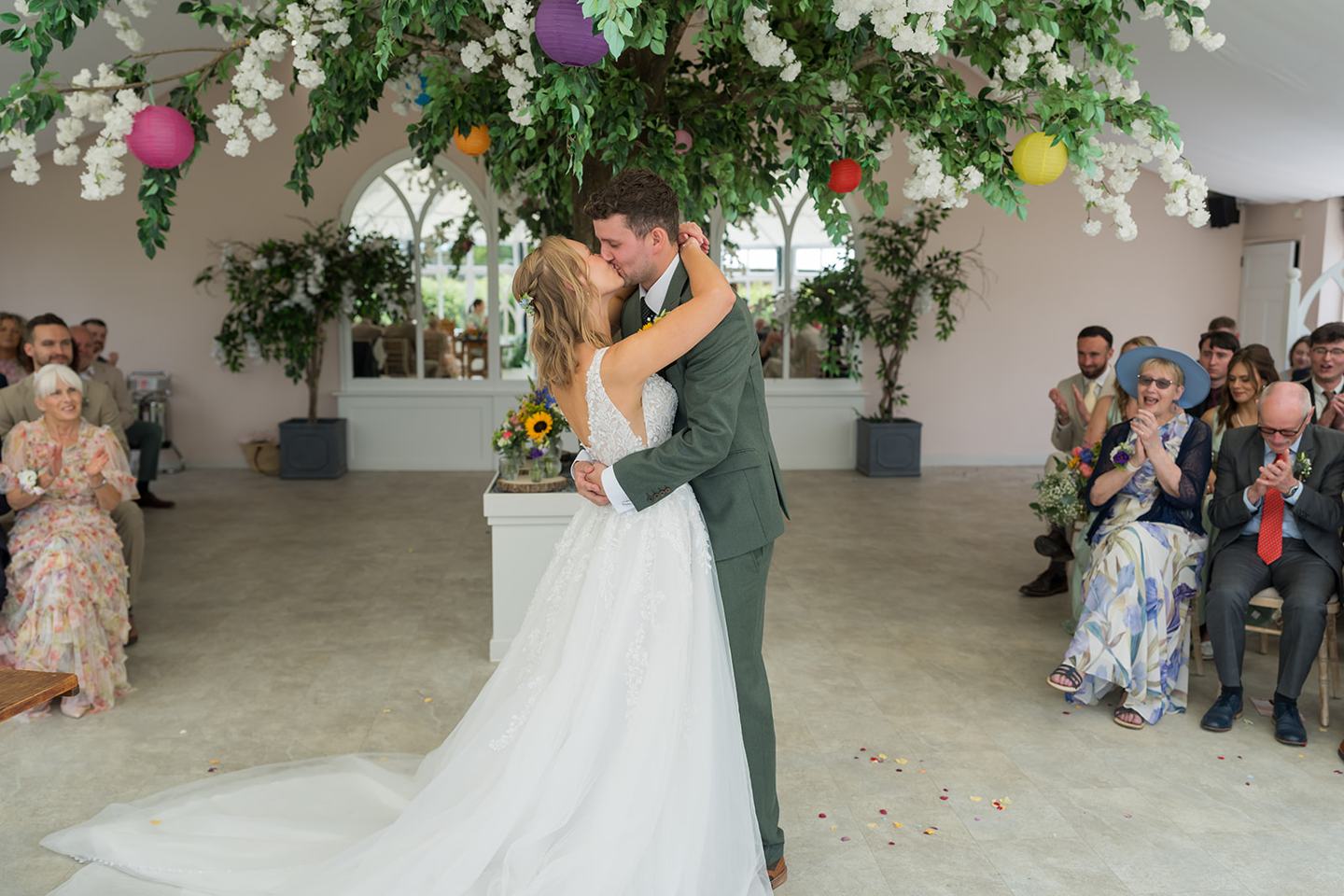 First kiss at Hannah and Jacob’s Combermere Abbey wedding