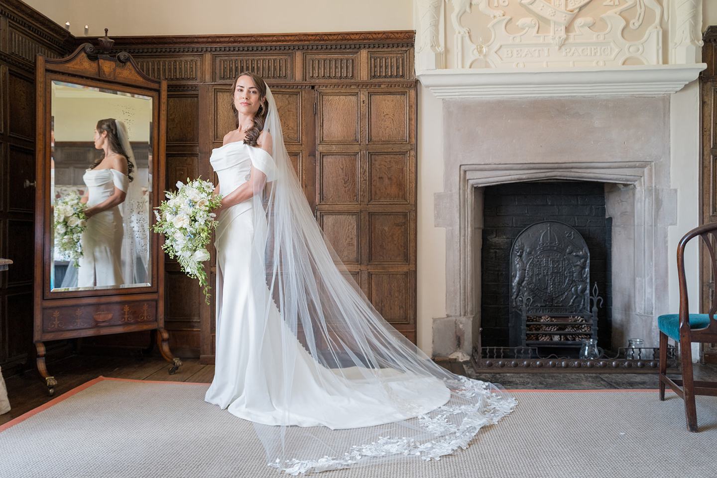 Bridal portrait in the hall at Lizzie and Jack’s Dorfold Hall wedding