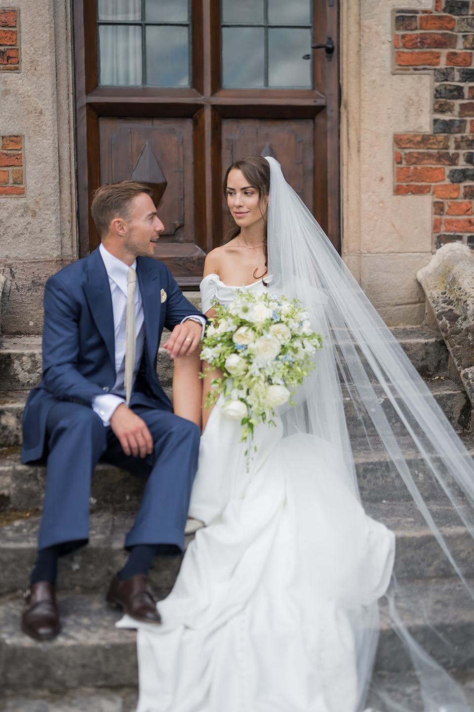 Portrait beside the hall at Lizzie and Jack’s Dorfold Hall wedding