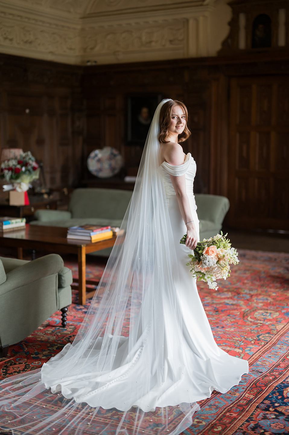 Bridal portrait in the hall at Louise and Ben’s Dorfold Hall wedding