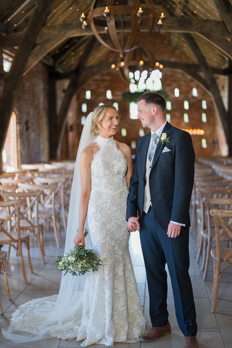 Portrait in the ceremony barn at Emma and Jack’s Grangefields wedding
