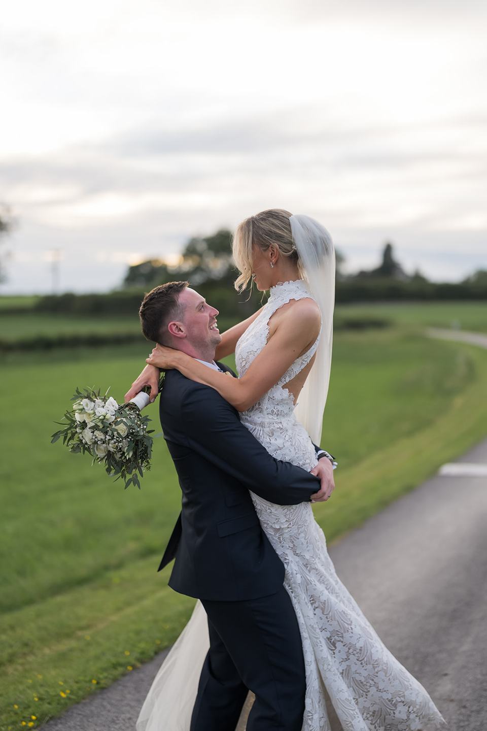 A playful evening portrait at Emma and Jack’s Grangefields wedding