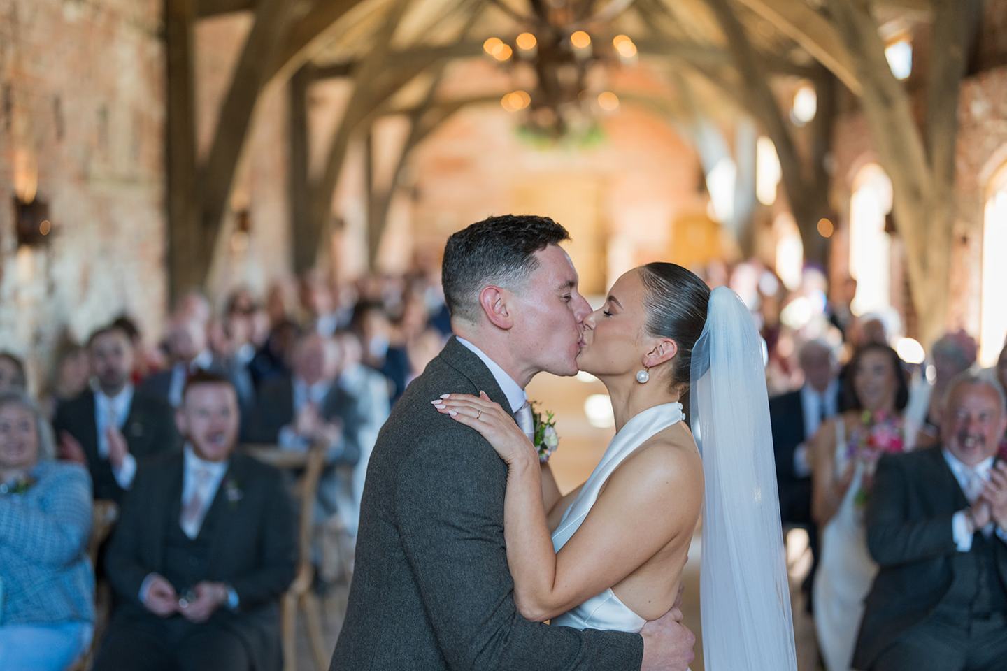 First kiss after the vows at Georgie and Matt’s Grangefields wedding