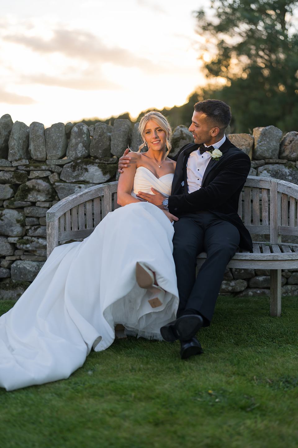 Quiet moment on the garden bench at Mia and Herman’s Healey Barn wedding