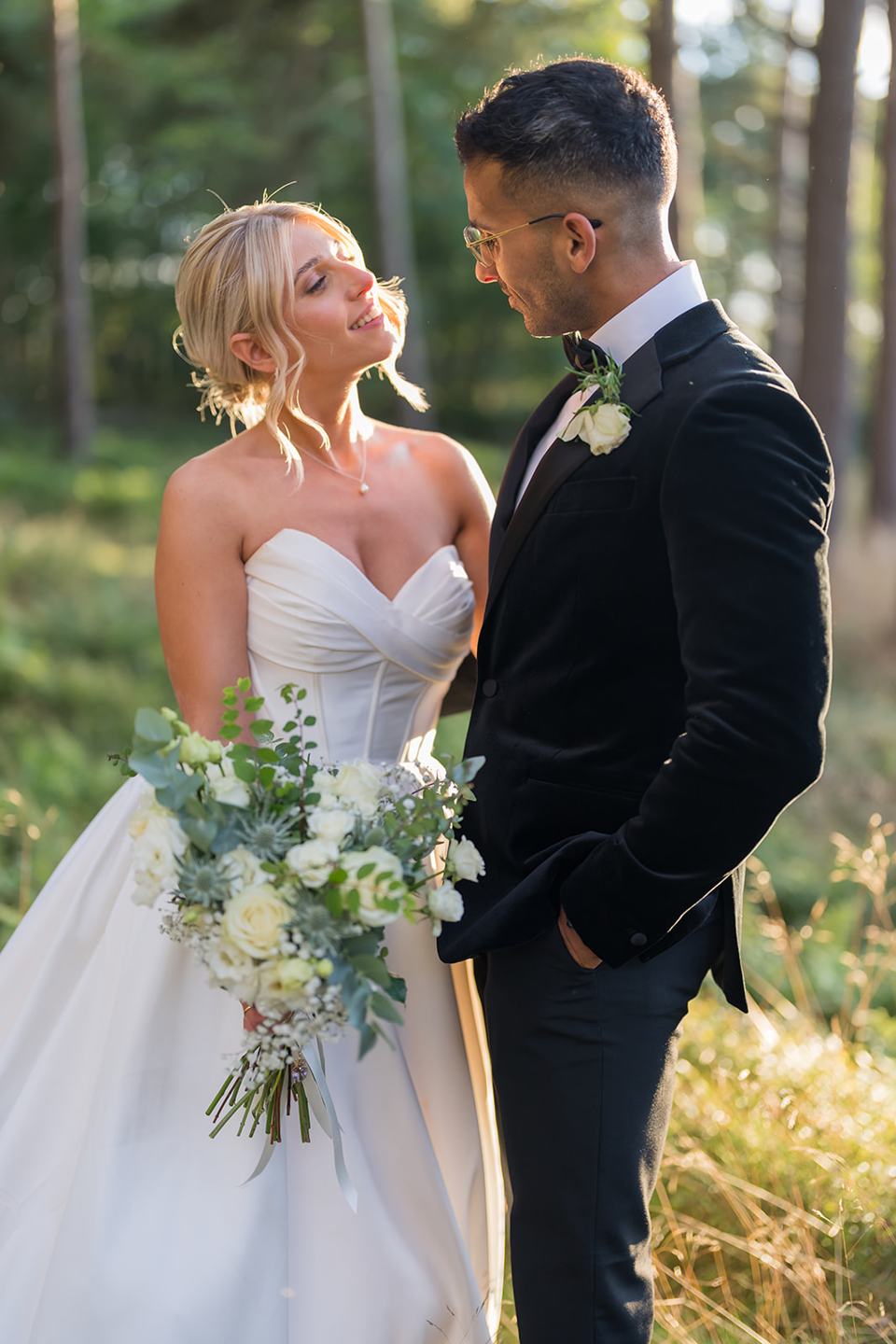 Golden evening light in the woods at Mia and Herman’s Healey Barn wedding