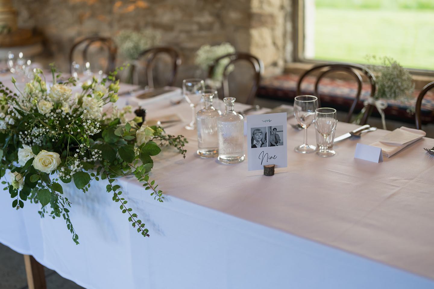 Wedding breakfast table details at Mia and Herman’s Healey Barn wedding