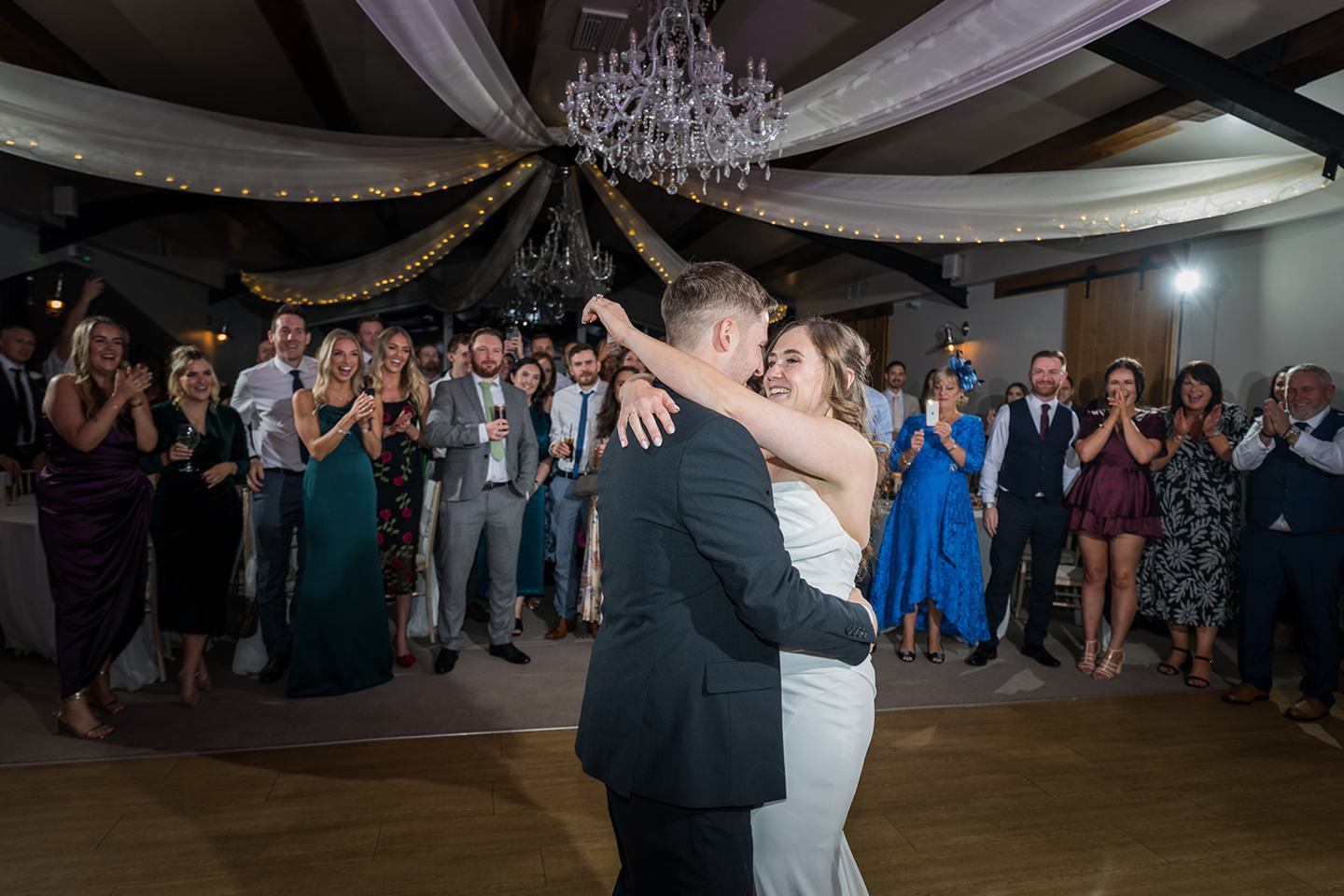 First dance at Harriet and Gareth’s Hyde Bank Farm wedding