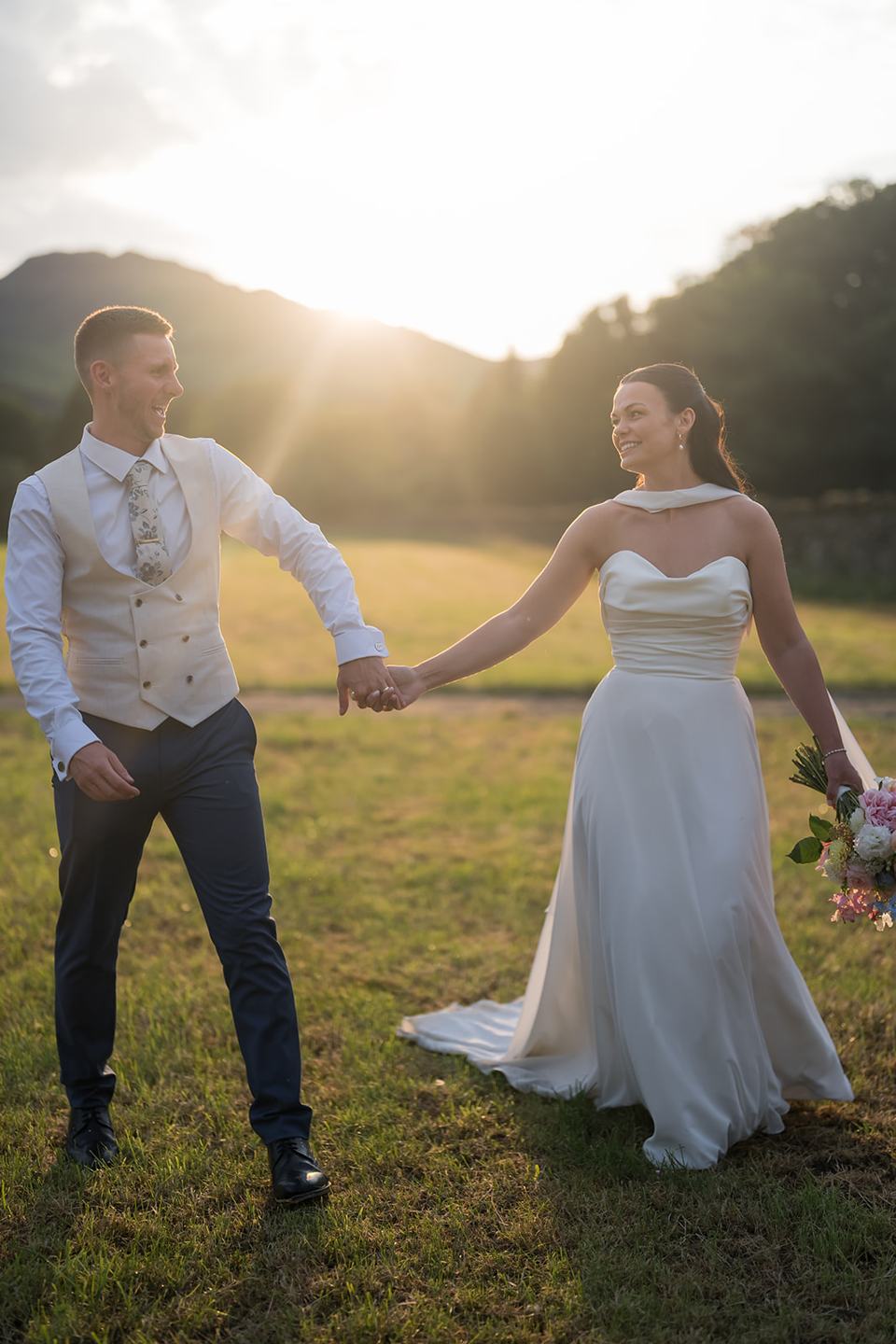 Golden hour walk through the grounds at Alex and Dan’s Lancrigg wedding