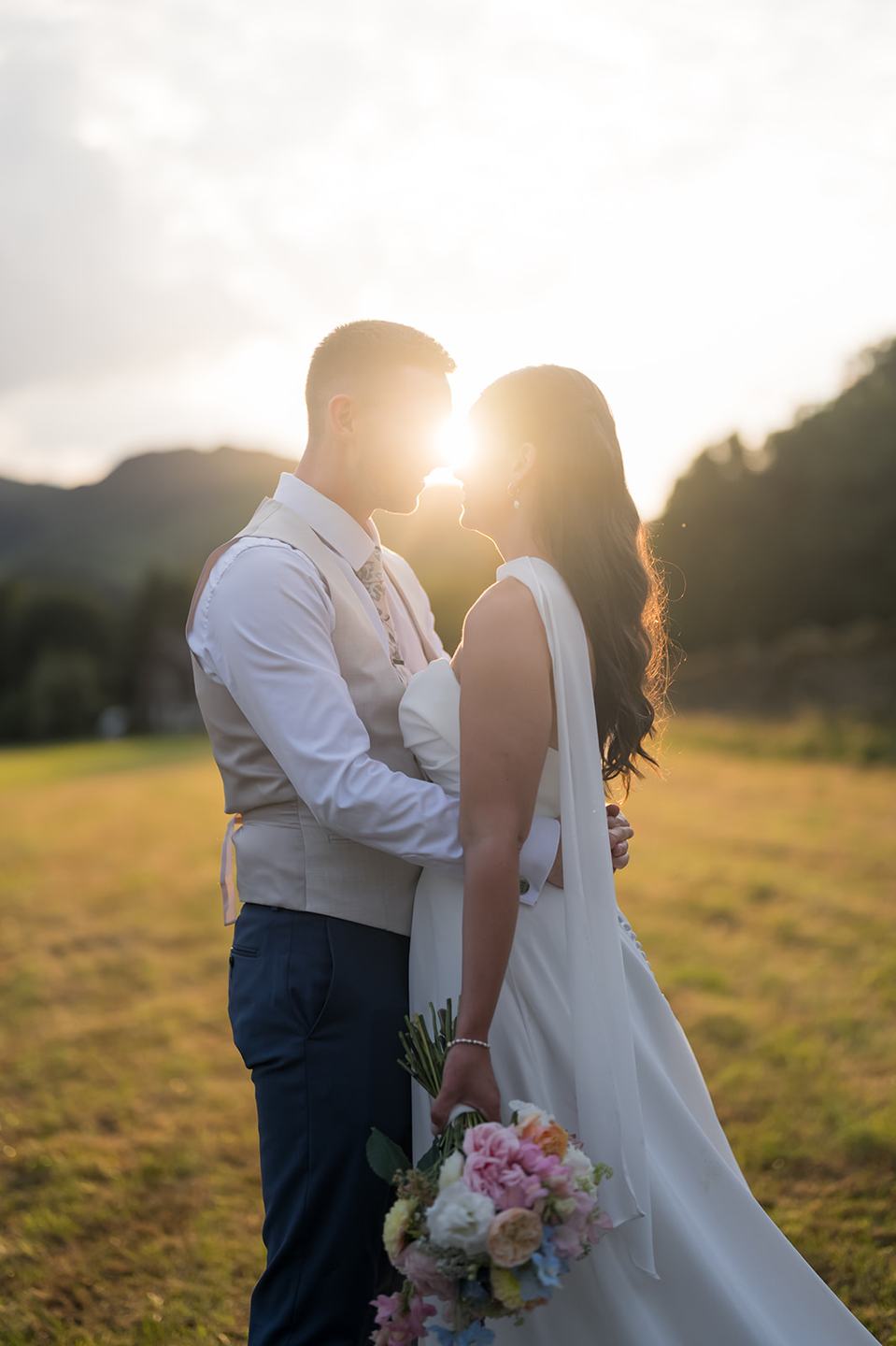 Sunset couple portrait at Alex and Dan’s Lancrigg wedding