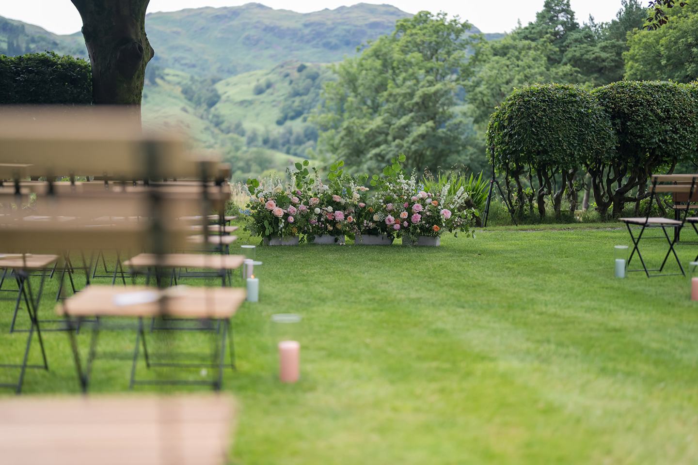 Outdoor ceremony setting at Alex and Dan’s Lancrigg wedding