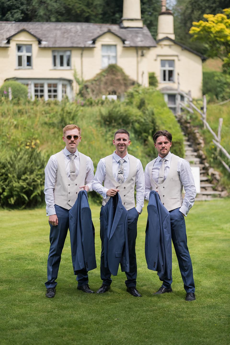 Groom and friends outside Lancrigg at Alex and Dan’s Lancrigg wedding