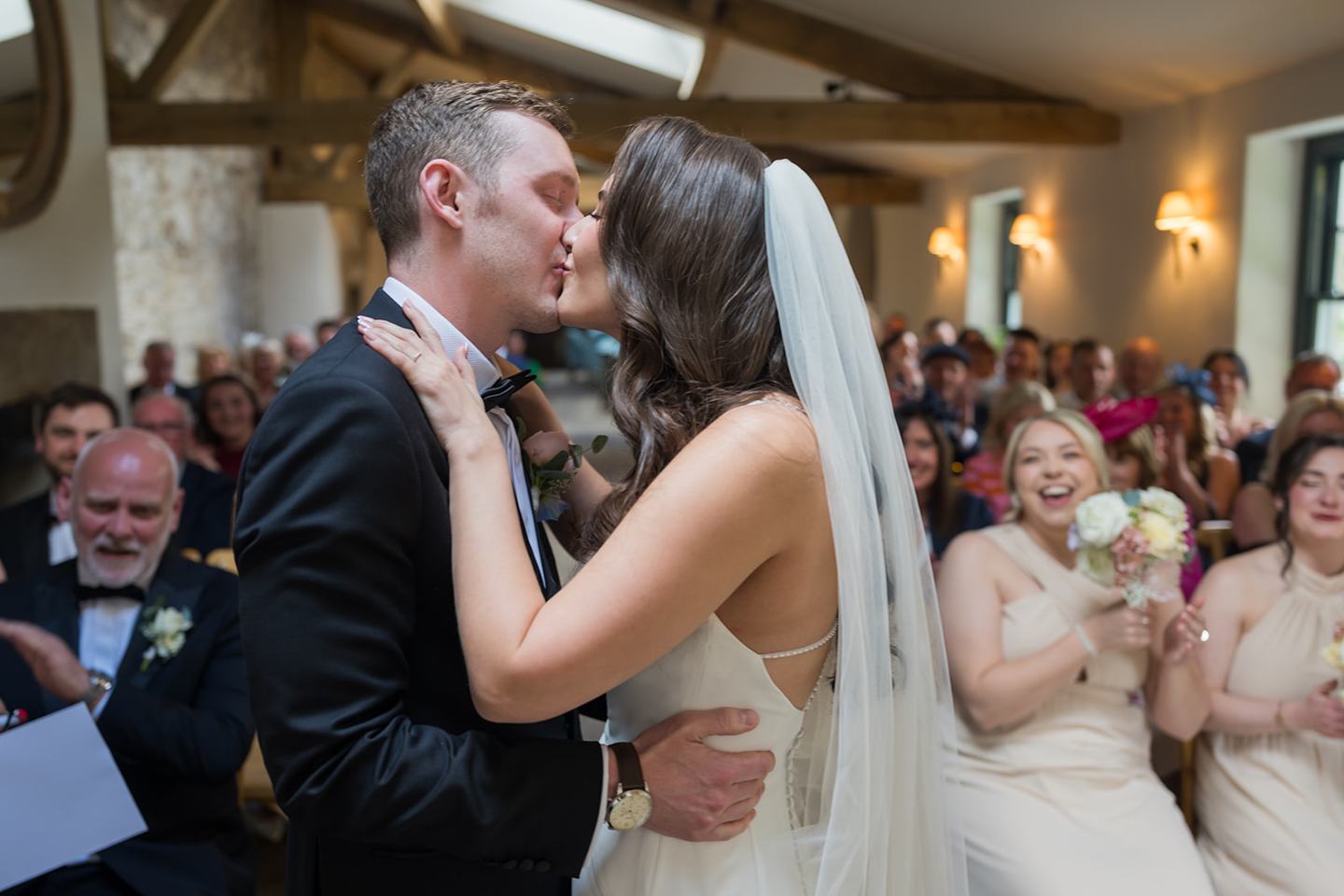First kiss at Becky and Alex’s Middleton Lodge wedding