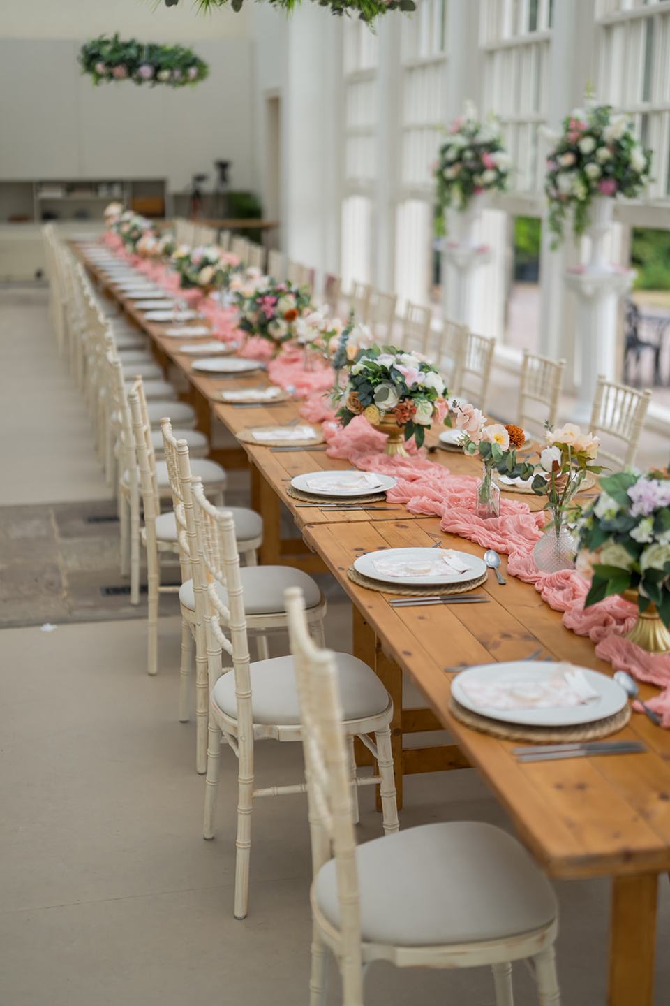 Wedding reception table setting at Kate and Jacob’s The Orangery at Ingestre wedding