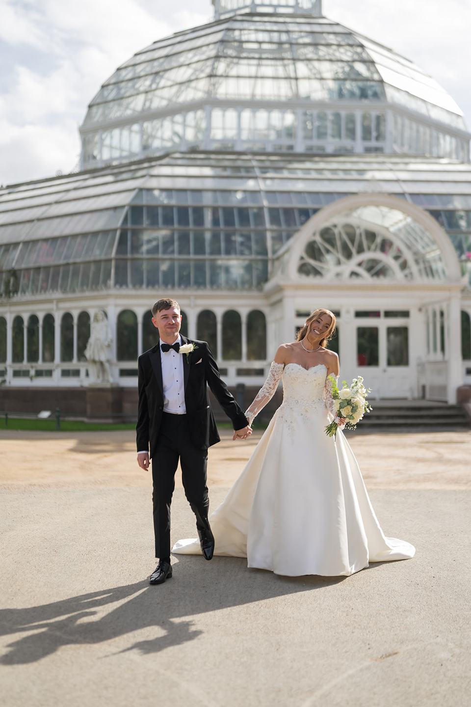 Portrait outside the Palm House at Heather and Charlie’s Sefton Park Palm House wedding