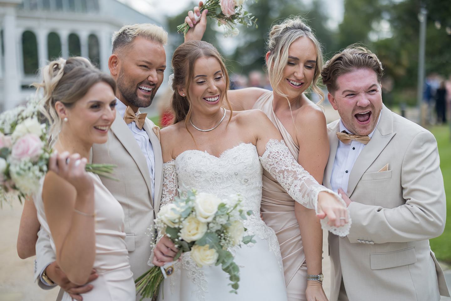 Wedding party together at Heather and Charlie’s Sefton Park Palm House wedding