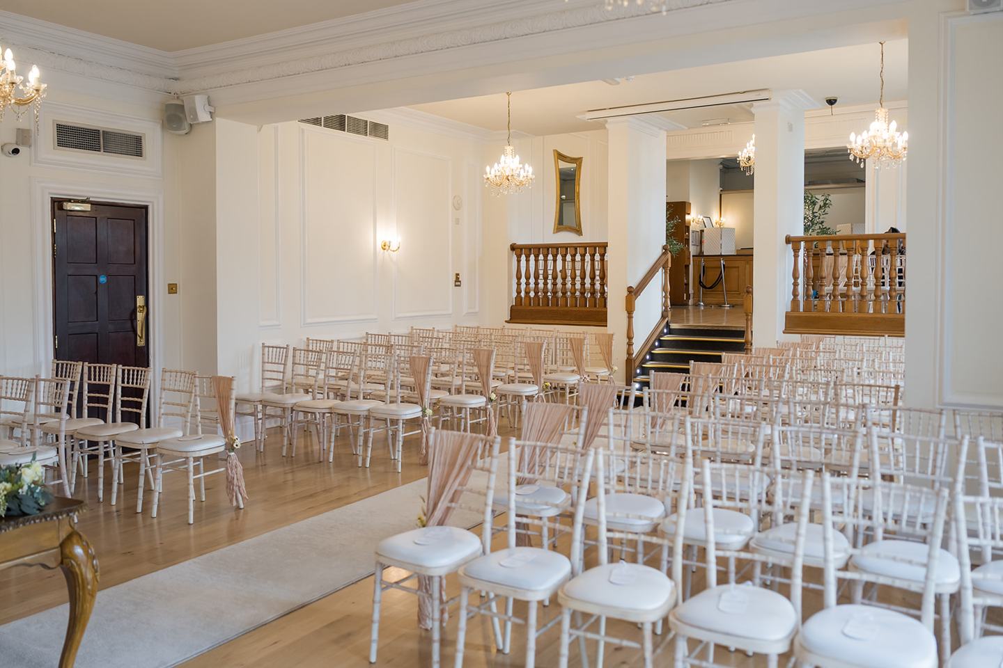 Ceremony room ready for guests at Rachel and Sean’s West Tower wedding