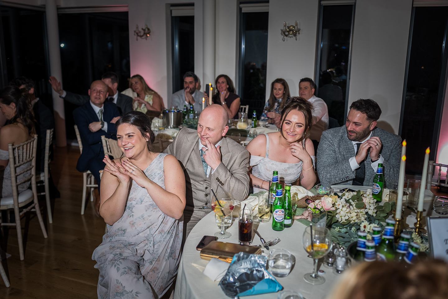 Guests enjoying the speeches at Rachel and Sean’s West Tower wedding