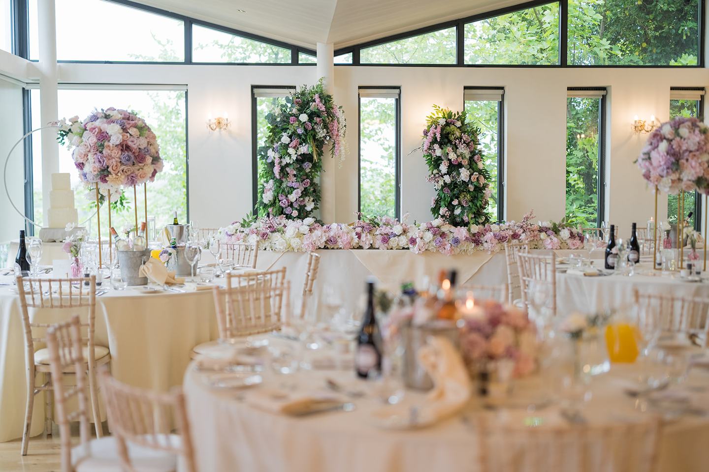 Wedding breakfast room at Samantha and Adam’s West Tower wedding