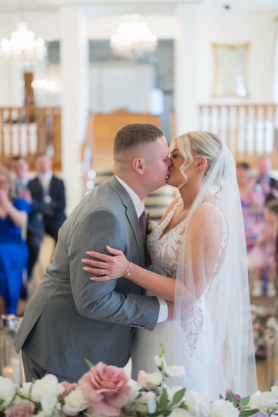 First kiss at Samantha and Adam’s West Tower wedding
