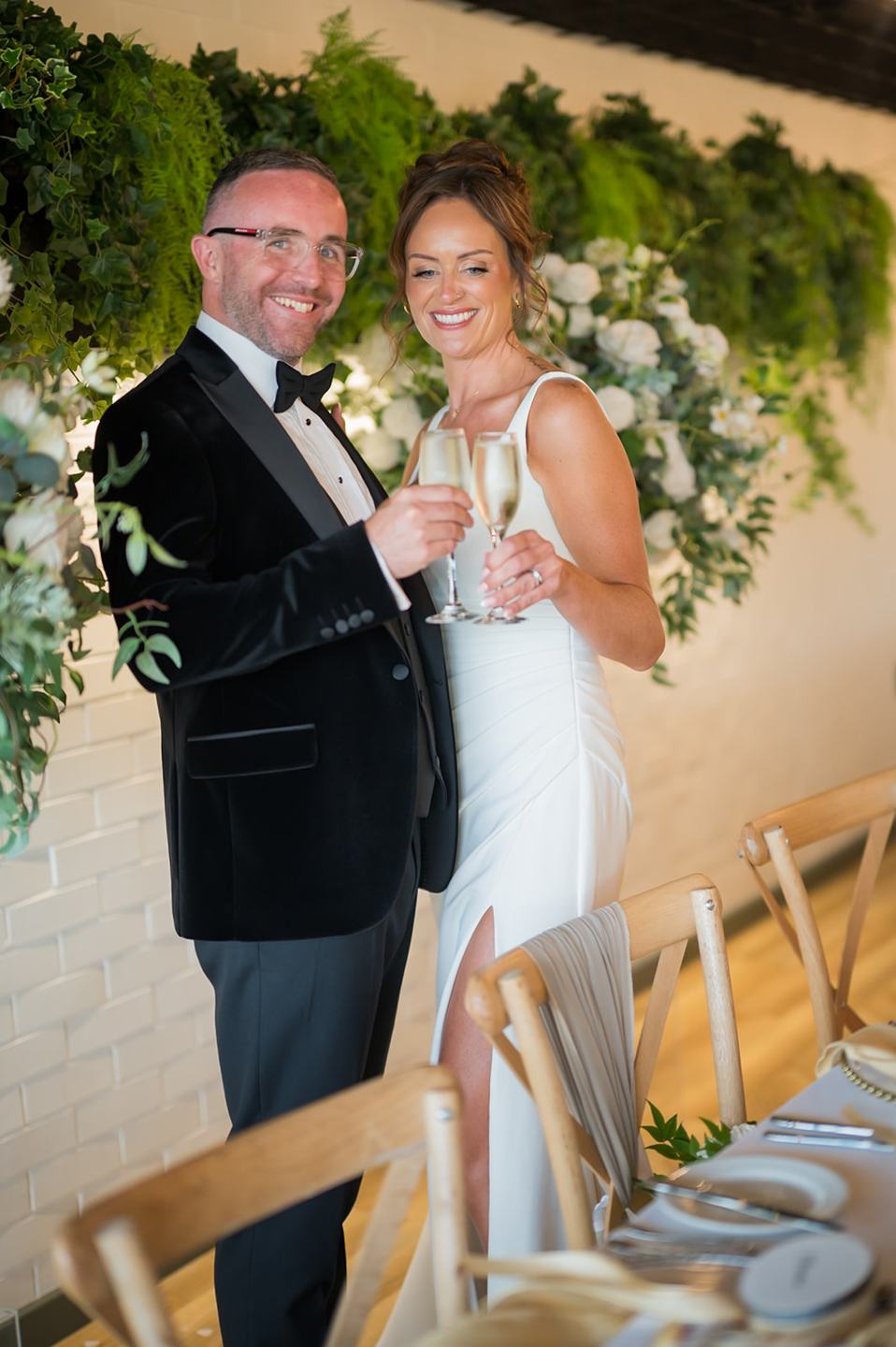 Portrait in the reception room at Danielle and Joe’s The Whistle Barns wedding