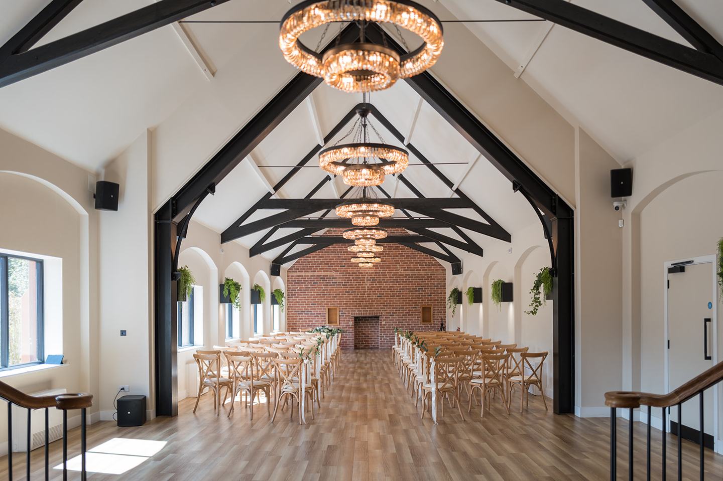 Ceremony room ready for guests at Ellie and Thomas’s The Whistle Barns wedding