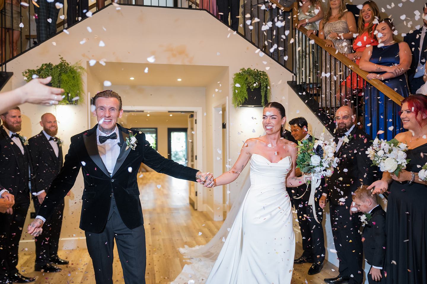 Confetti celebrations at Ellie and Thomas’s The Whistle Barns wedding