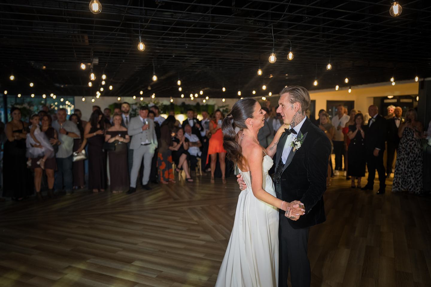 First dance in the barn at Ellie and Thomas’s The Whistle Barns wedding