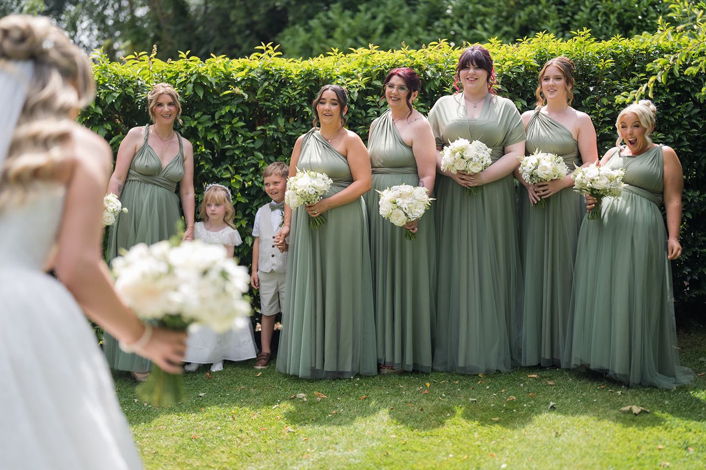 Bride with her bridesmaids at Chloe and James’s Woodlands Hotel wedding