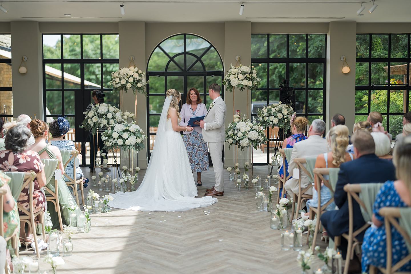 Wedding ceremony at Chloe and James’s Woodlands Hotel wedding