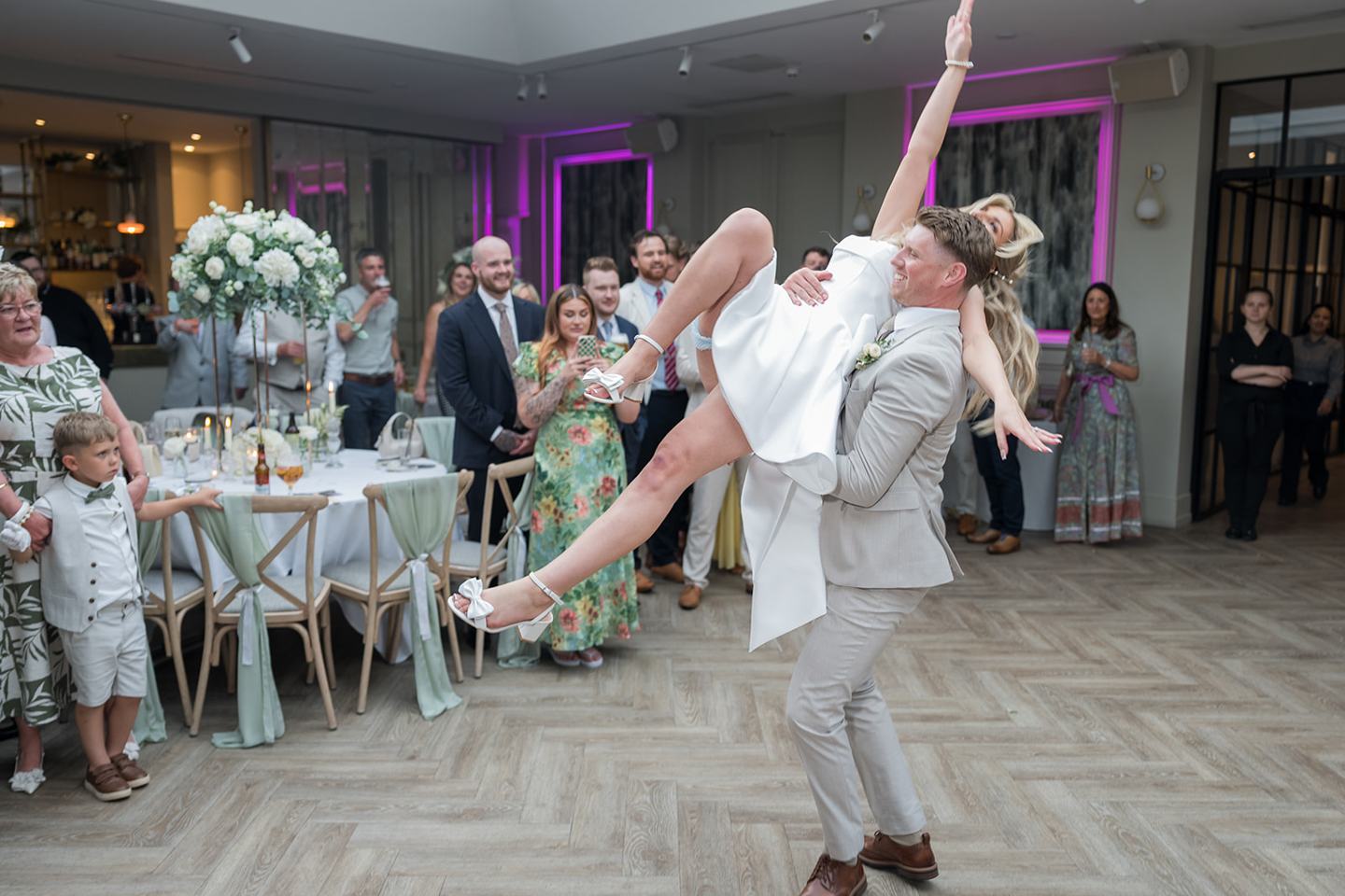 First dance with wedding guests at Chloe and James’s Woodlands Hotel wedding